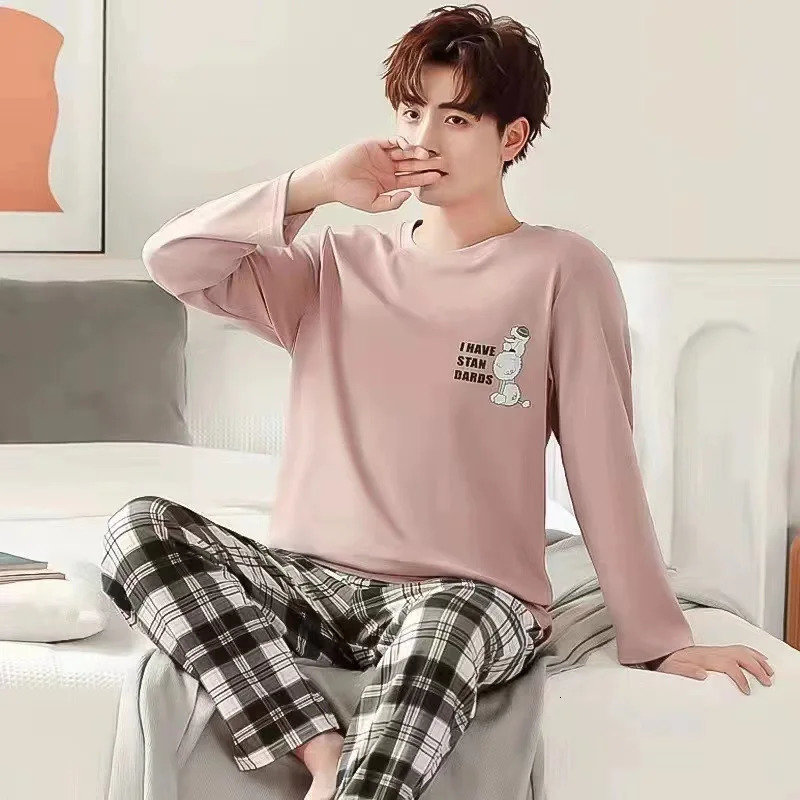 Mens Pajama Set Long Sleeve Black Striped Spring and Summer Youth Student Nightwear Loungewear Two Piece Set Sleepwear Homewear 251021