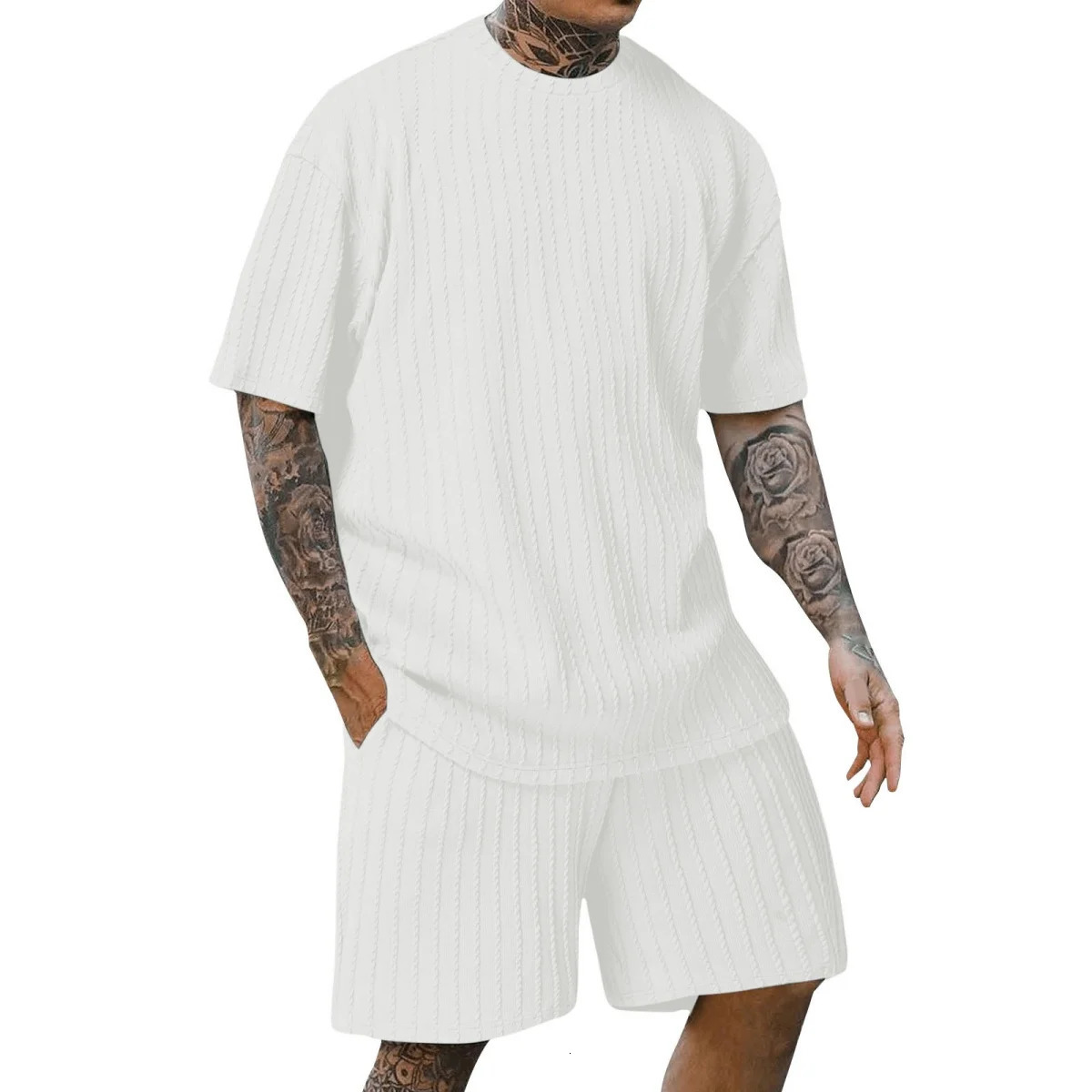 Mens fashion summer sports solid color crewneck vertical stripe Tshirt shorts shortsleeved suit Loose twopiece set 251021