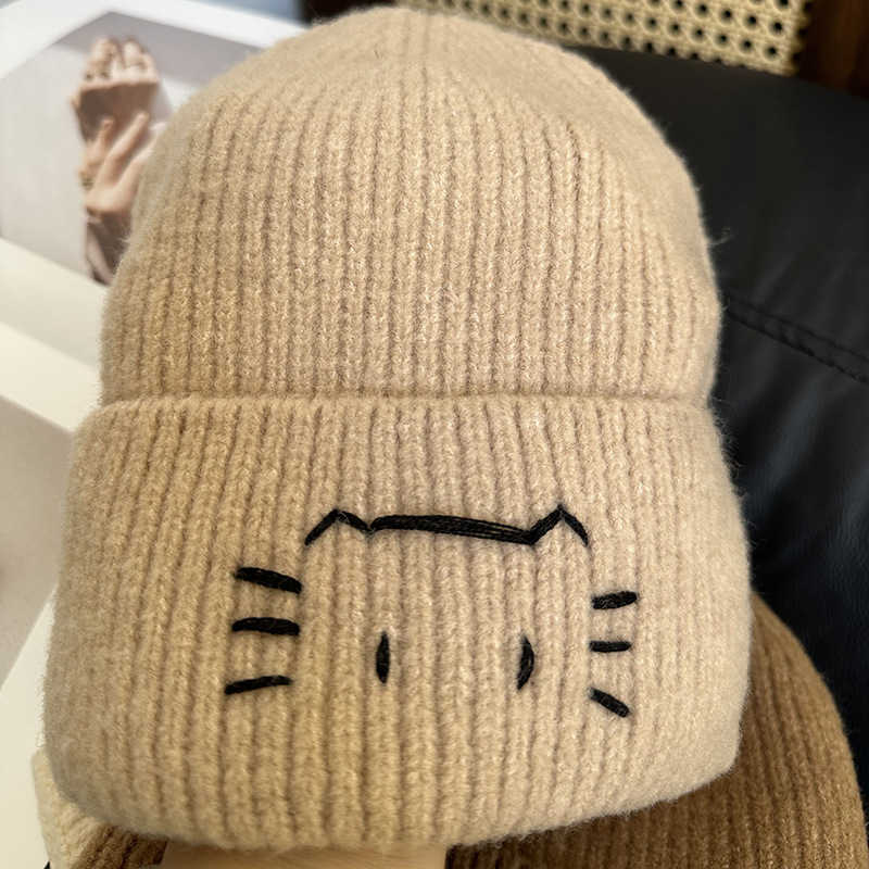 Hat Versatile 2025 Autumn Winter Style Knitted Hat New Cute Cat Handmade Embroidery Warm Ear Protection Knitted Fashion H251020
