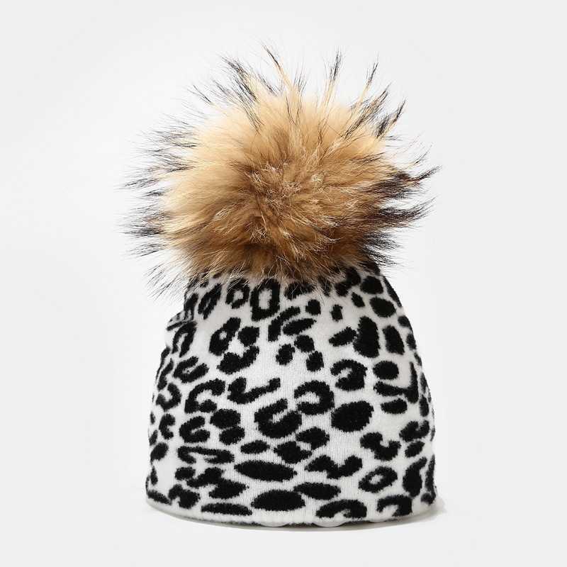 Cow Leopard Pattern Knitted Hat Womens Outdoor Warm Real Wool Ball Knitted Hat Autumn and Winter H251020
