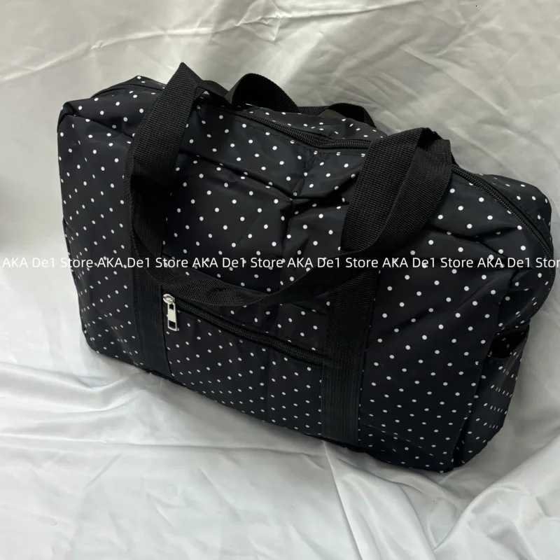 Large Capacity Casual Black Tote Bag Polka Dot Print Korean Luggage Bags Zipper Trendy Canvas Handbag Versatile Travel Bag WomenXJ251021