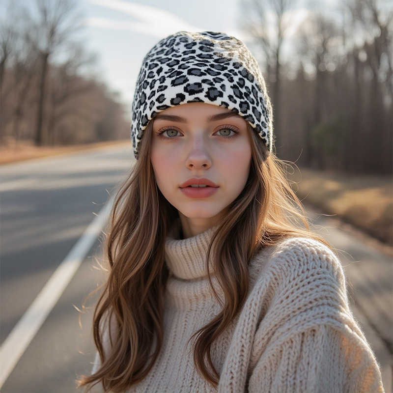 New Leopard Print Bare Knit Hat Warm Windproof Rolled Brim Round Top Hat Jacquard Knit Hat H251020