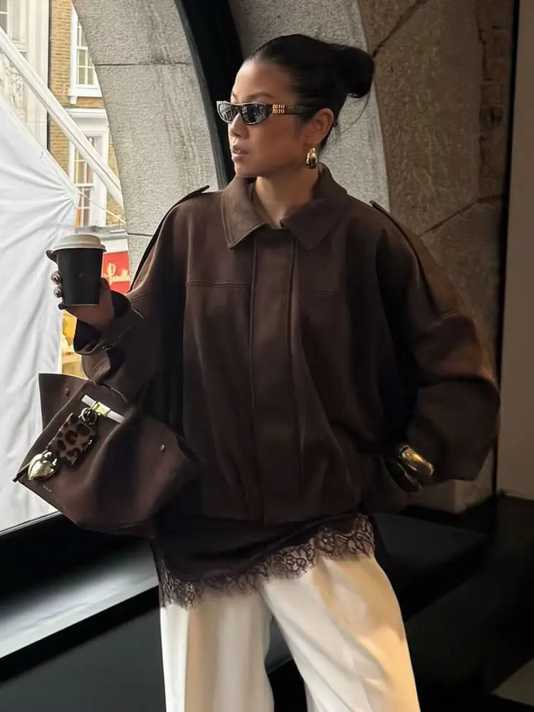 HH Womens Street Fashion Solid Loose Suede Texture Coats Causal Long Bat Sleeves Lapel Zipper Fly Winter Vintage Jackets 251021