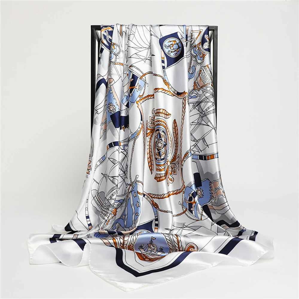 Luxury Large Nautical Print Square Scarf Thin Breathab Silky Neck Scarf Glamorous Sty Sunscreen scarfW251021