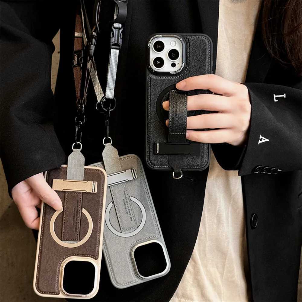 Crossbody Wrist Strap Rope Holder Phone Case for IPhone 16 Pro Max 15 14 13 Pro Magnetic Bracket Leather Protective Case J251114