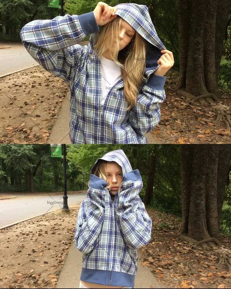 Harajuku Retro High Street Classic Plaid Zip Hoodie Women Y2K 2025 Hiphop Casual Fashion Vintage Loose Oversized Sweatshirt Men W251021