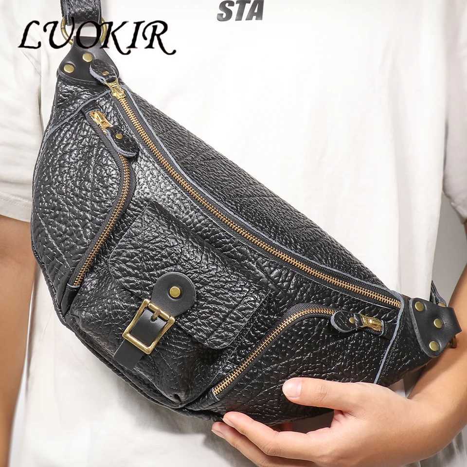 LUOKIR Bison Leather Mens Chest Bag Outdoor Commuting Casual Leather Waist Bag Top Layer Cowhide Personalized Motorcycle Bag Z251021