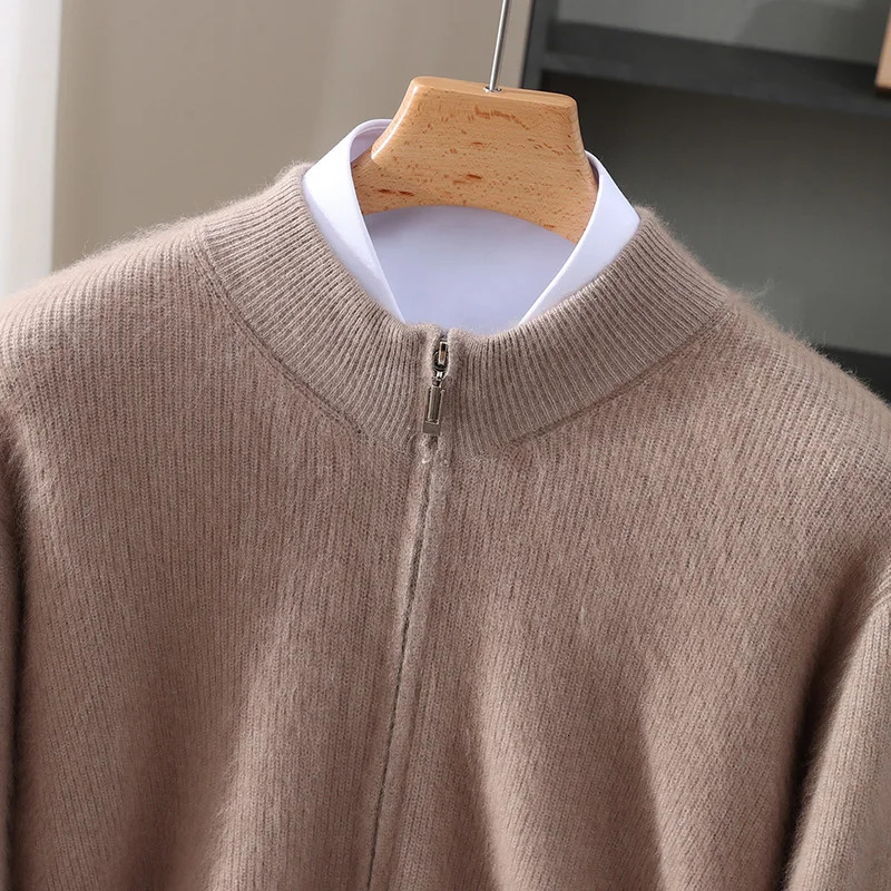 Mens 100Mink Cashmere Sweater Mock Neck Zipper Cardigan Thickness Smart Casual Cashmere Knitwear Coat Autumn Winter Mens Tops 251020