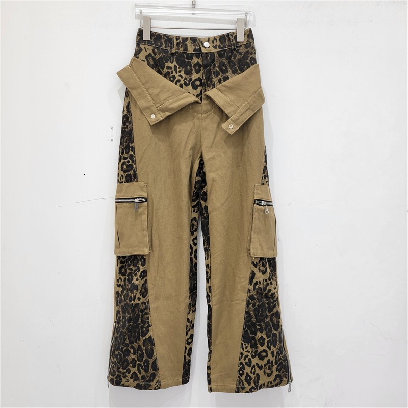 2025 American designer high waisted work pants fake two-piece set luxury pants patchwork leopard print jeans camouflage pants street hip-hop straight 