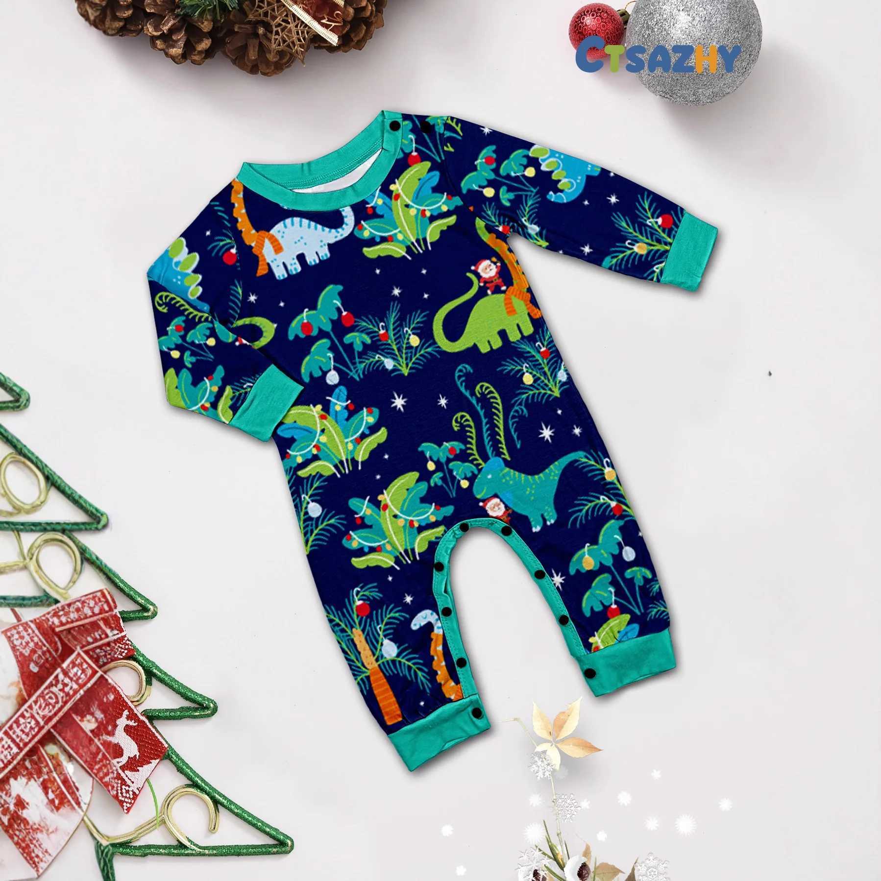 A family of boys girls babies and dogs with printed flowers European dinosaur Christmas parentchild pajamas and home wear L251021C211