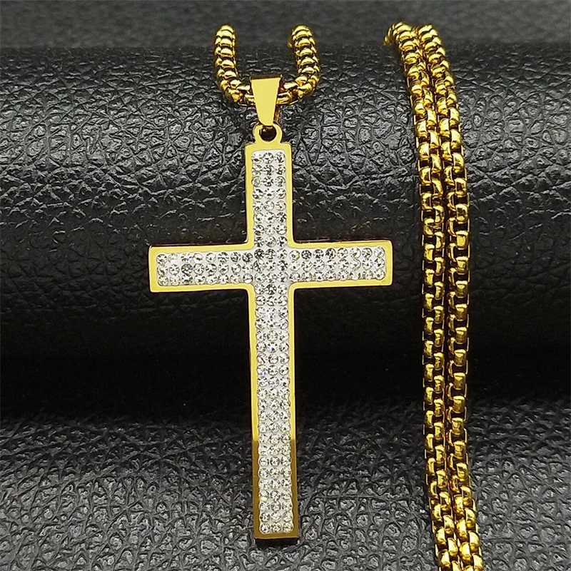 Trendy Cross Rhinestone Pendant Necklace For Women Men Stainless Steel Silver Color Religion Catholic Chain Jewelry GiftsXJ251018
