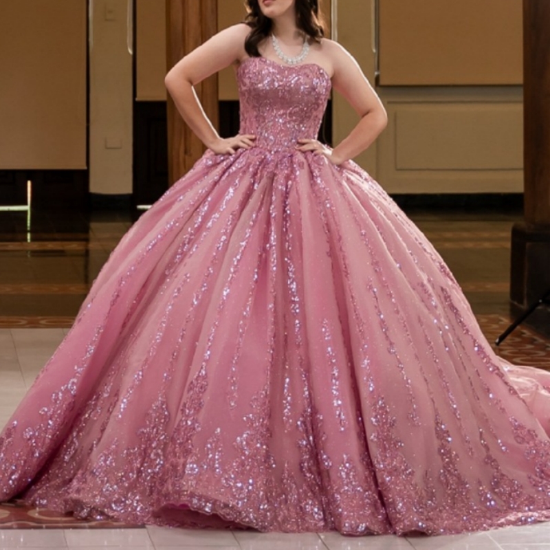 Pink Shiny Quinceanera Dresses Ball Gown Off The Shoulder Sequin Applique Lace Beading Crystal Tull Sweet 16 Dress Vestidos De 15 Anos