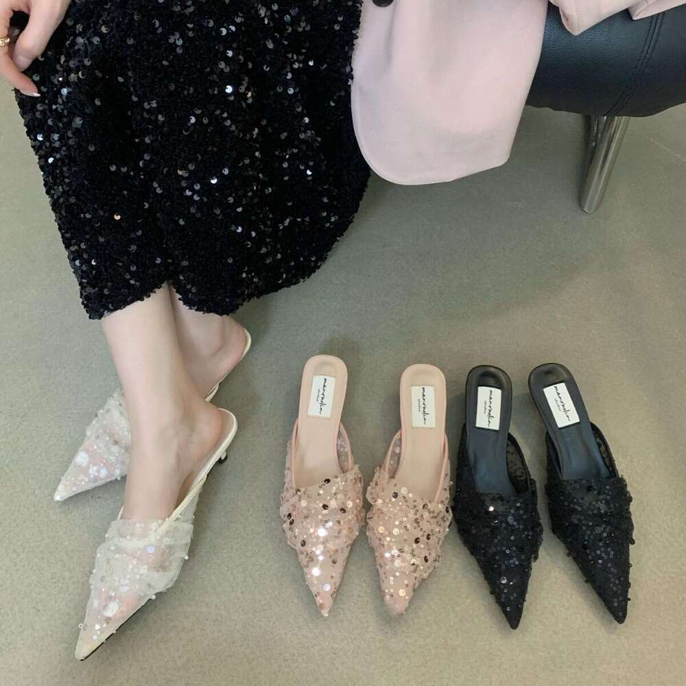 Pointed Toe Shallow Mouth Mules 2025 Spring New Women's Designer Lace Hollow Shoes Thin Mid Heel & Versatile for Outdoor Wear