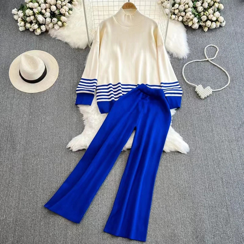Casual Knitted Loose Long Sleeved Contrasting Top High Waist Slimming Wide Leg Pants Women Suit Autumn Winter In Sets 251021