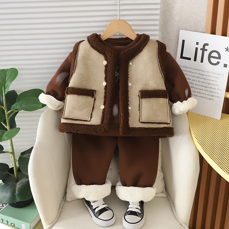 Winter Warm 2025 Boys Fleece-Lined 3-Piece Set, Hoodie Vest Pants Winter Outfit for Toddler Boys