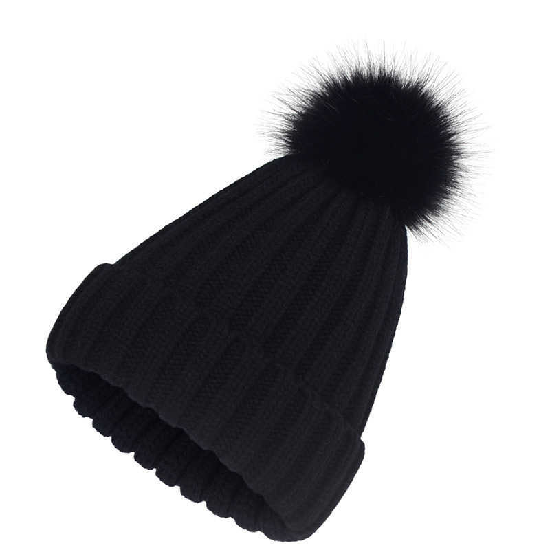 Knitted Hat for Women Autumn and Winter New Hat Womens Wool Hat Faux Fox Fur Ball Hat Fake Fur Ball Thickened Warm Hat H251020