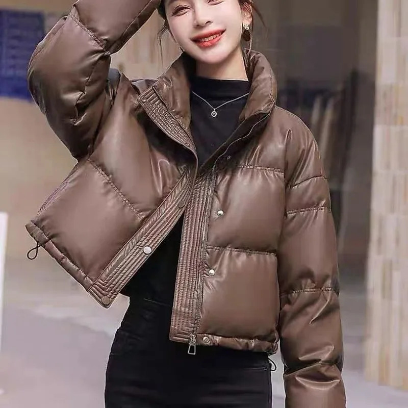 Solid Color Windproof Cropped Puffer Jacket Women Winter Thick Short Coat Warm Fluffy Parka Vintage Tops Womens Clothing 251021