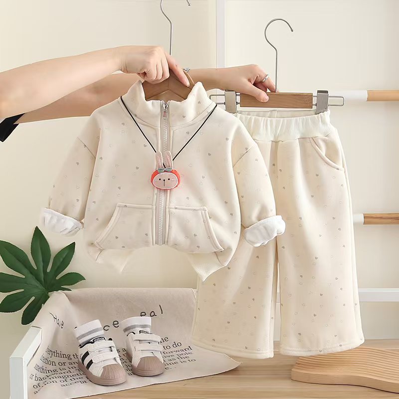 luxury kids clothing girls 2025 New Girls Fleece-Lined Jacket Set 2-Piece, Cute Winter Outfit for Baby Girls, Versatile Warm Coat & Pants Ensemble