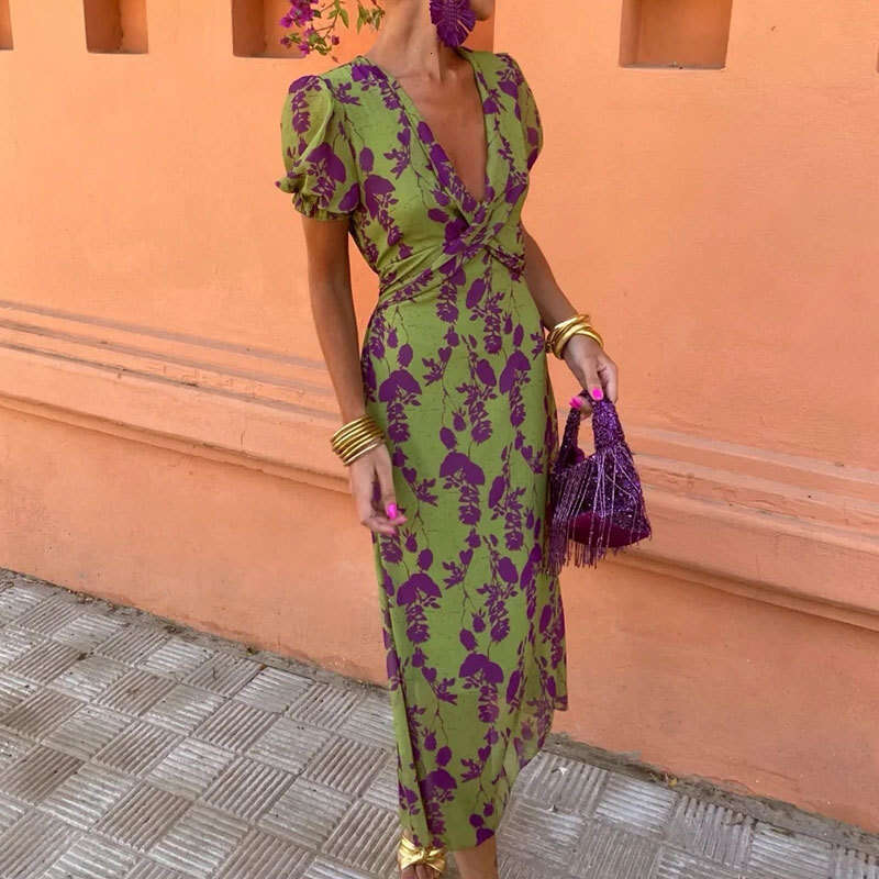 2025 Women's Autumn Fashion Color Block Print Long Elegant Slim Fit V-neck Short Sleeve Dress