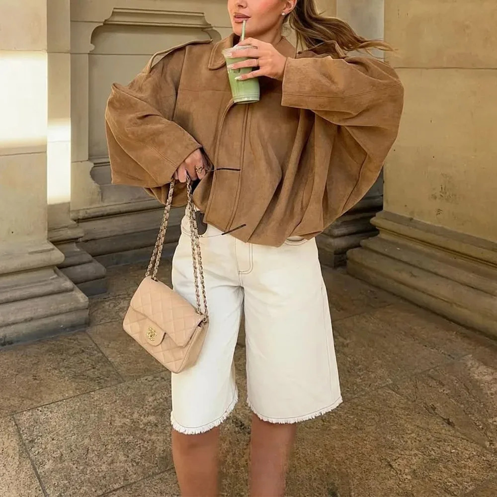 KONDALA Casual Chic Khaki Brown Bomber Jacket Women Long Sleeve Zipper Loose Coats Fashion Autumn Winter Streetwear Outwear 251021