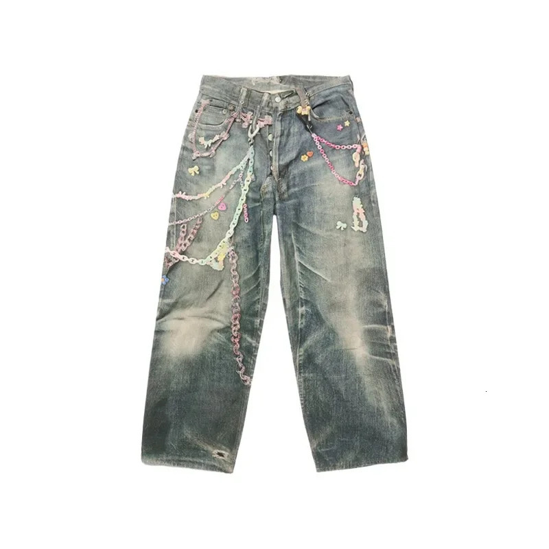 American High Street 3D Digital Print Candy Chain Weathered Knife Straight Leg Casual Jeans for Men And Women 251017