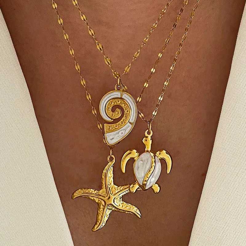 Stainless Steel White Enamel Turtle Conch Gold Color Big Starfish Pendant Necklace for Women Party Daily Jewelry GiftsXJ250717