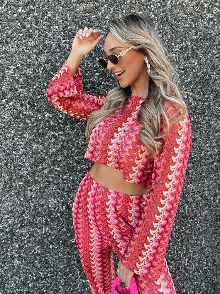 Crochet Knitting Pant Sets 2 Pieces For Woman Outfits Fashion Long Sleeve Top Womens Suit Casual Two Set 251021