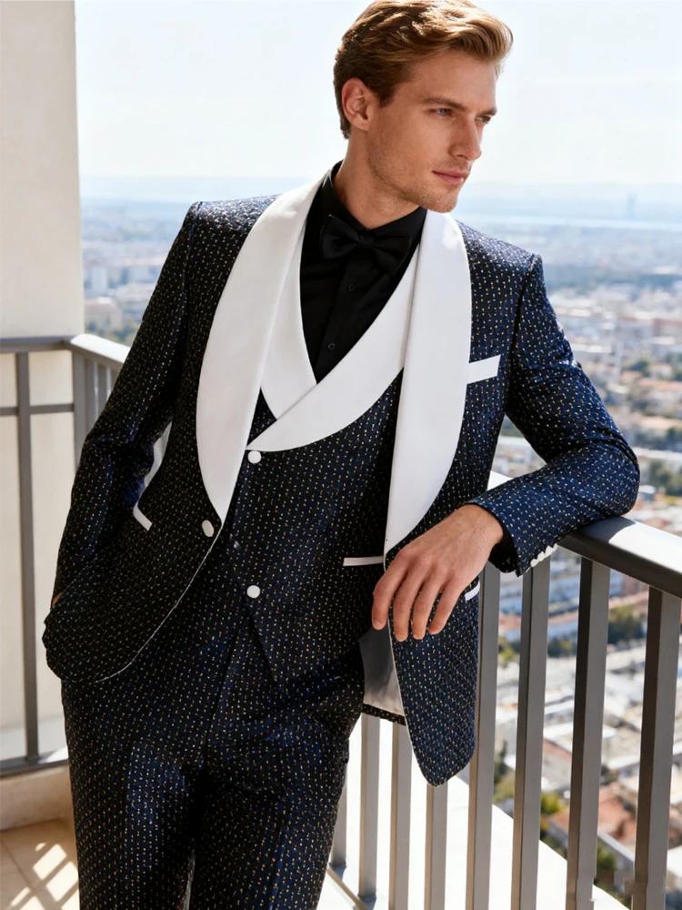 Mens threepiece slimfitting suit set including a tuxedo a singlebutton blazer a vest and stretch waist pants suitable f 251021