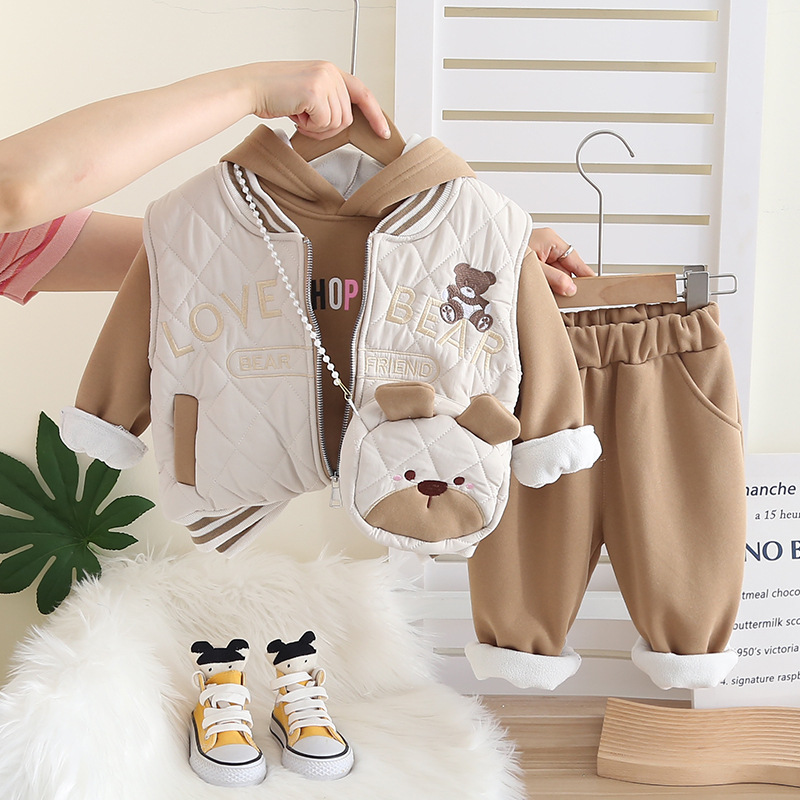Chic Girls 3-Piece Outfit 2025, Winter Set Includes Quilted Coat Vest and Crossbody Bag, Stylish Clothing for Toddlers