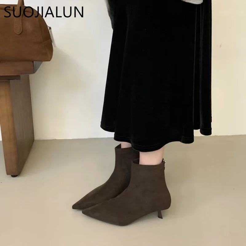 SUOJIALUN Winter Women Short Boots Fashion Pointed Toe Ladies Elegant Ankle Boots Thin High Heel Dress Pumps Shoe 251021