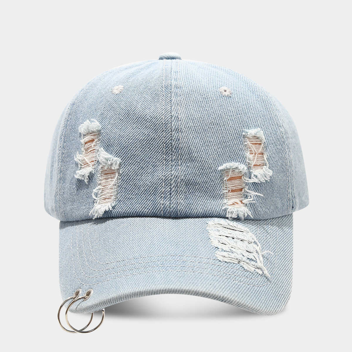 Womens Trendy Ring Denim Ripped Baseball Cap Mens Unique Street Performance Hiphop Duckbill Cap H251020