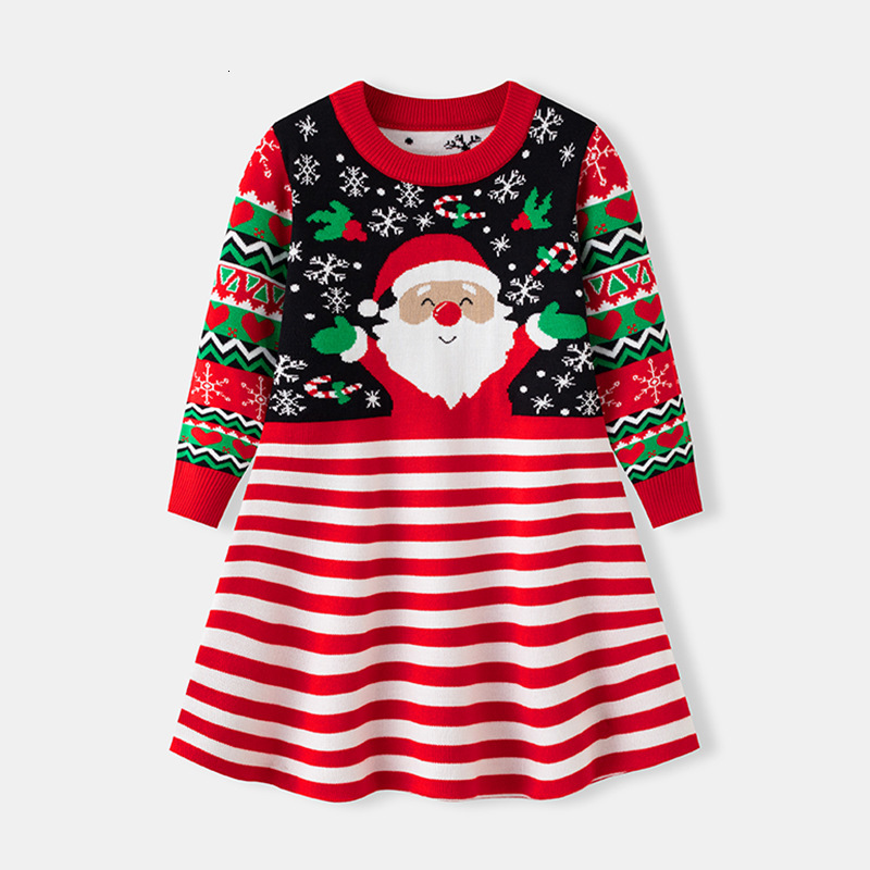 New European and American Children s Santa Claus Cartoon Striped Knitted Sweater Dress Foreign Trade Girls Autumn Dress
