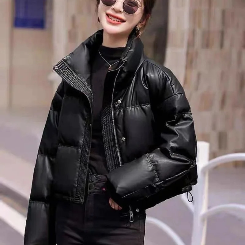 Solid Color Windproof Cropped Puffer Jacket Women Winter Thick Short Coat Warm Fluffy Parka Vintage Tops Womens Clothing 251021
