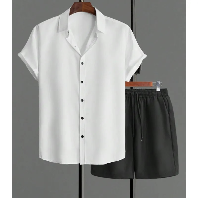 Simple Solid Color Mens Hawaiian Shirt Summer Trend Short Sleeve Shorts 2 Piece Daily Casual Shorts Top Suit Fashion Oversized 251021