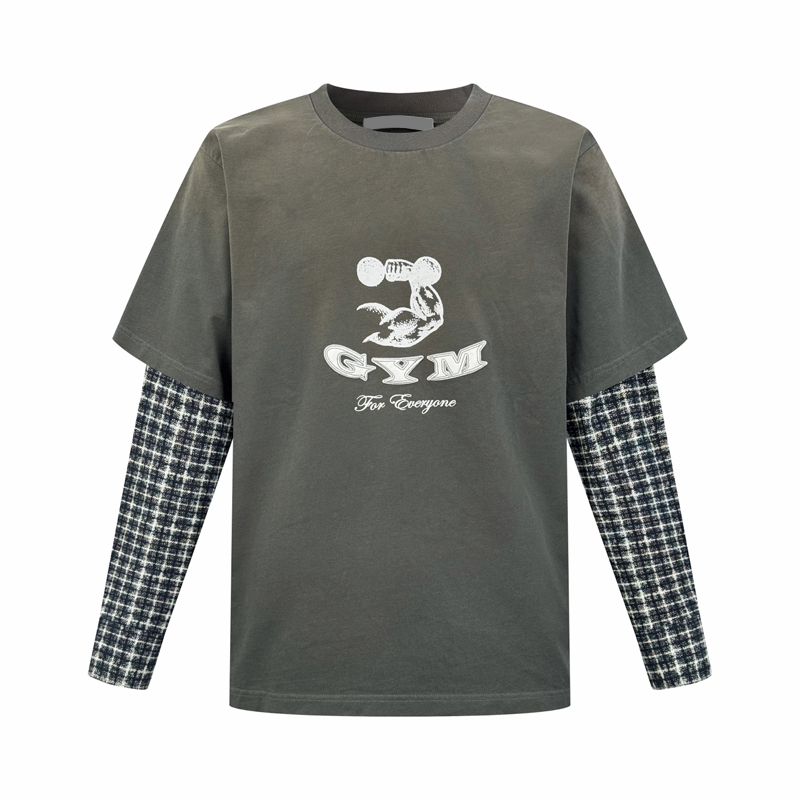 Retro Fake Two Piece Style Washed Tee & Sweatshirt Combo Casual Oversized Fit for Men Women