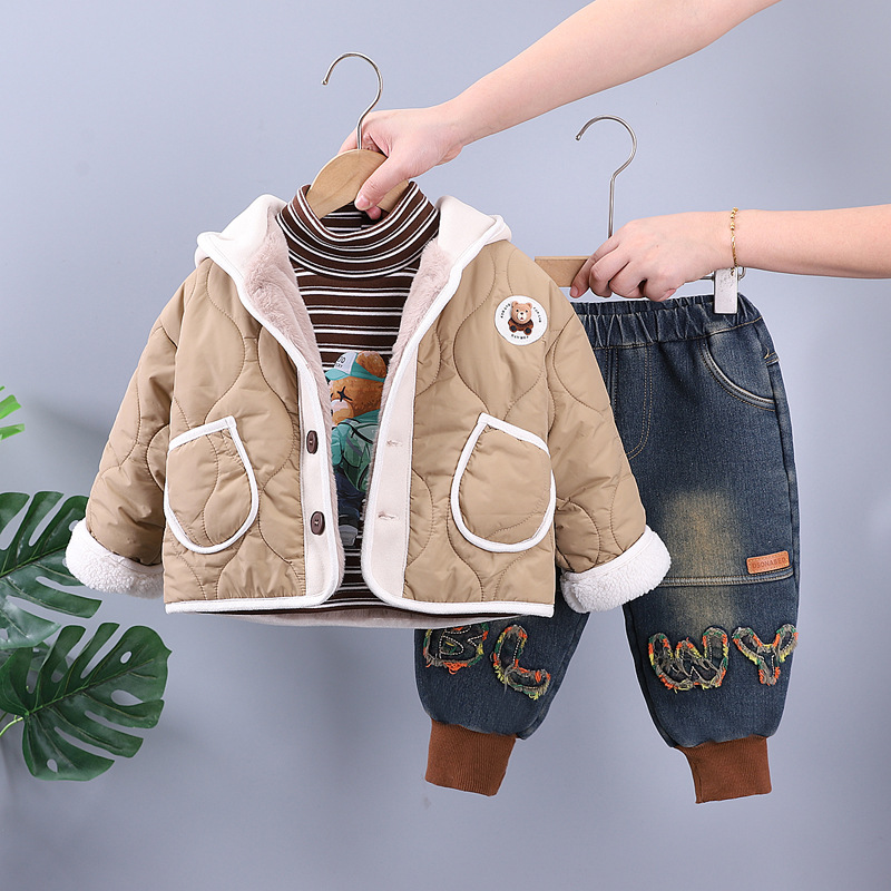 Winter Warm 2025 New Kids 3-Piece Fleece-Lined Set, Thermal Padded Cotton Outfit for Boys and Girls, Cute Winter Clothing for Babies and Toddlers