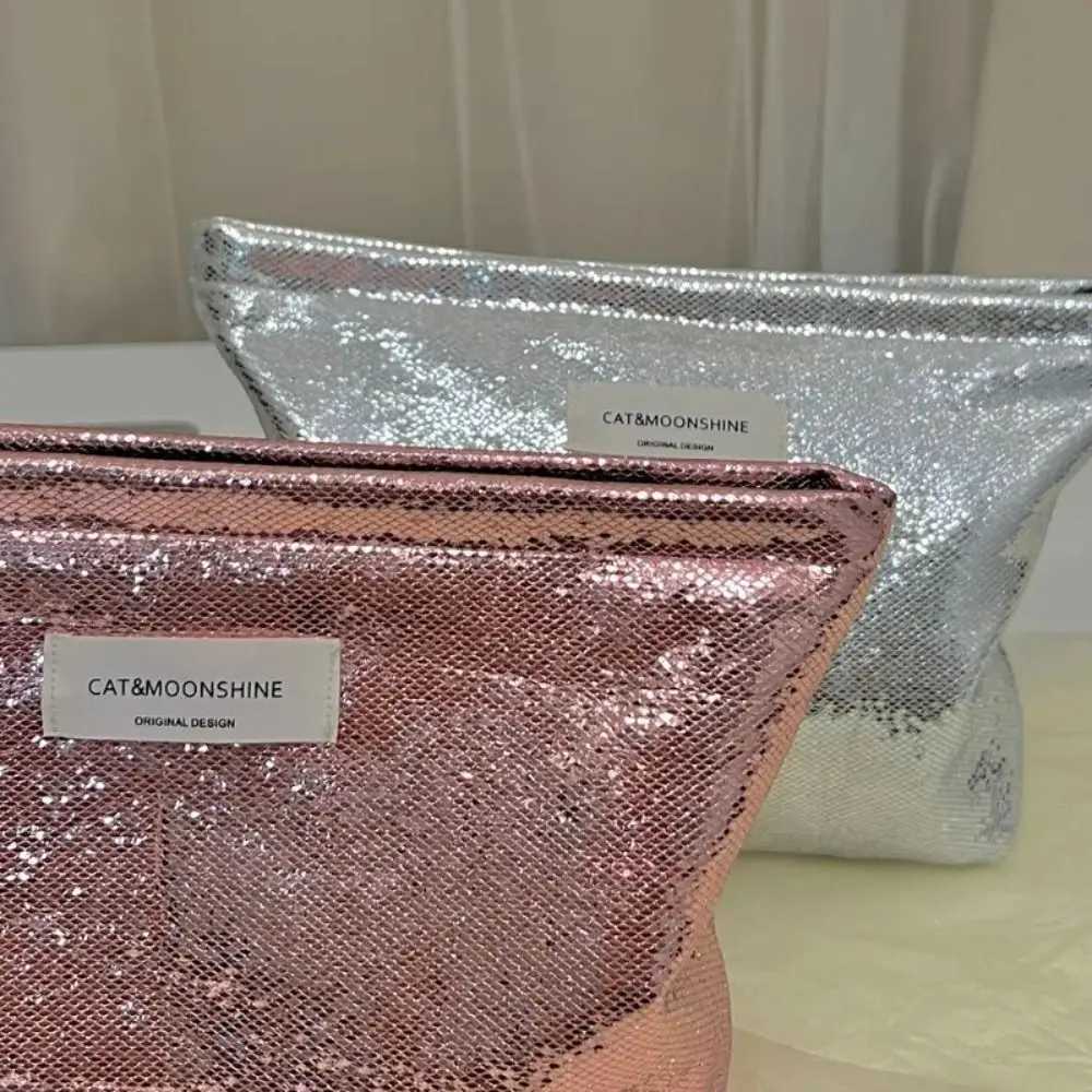 Portable Shiny Sequins Makeup Bag Silver Solid Color Cosmetic Bag Champagne Toiletries Skincare Storage Bag WomenW251021