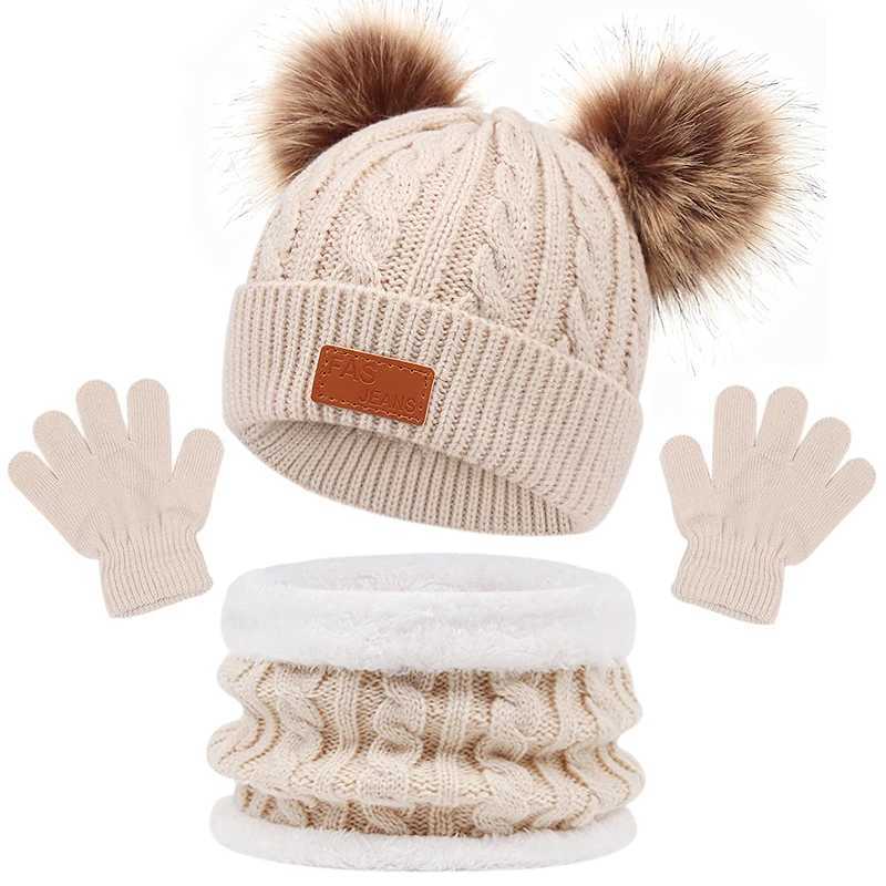 3Pcs Winter Baby Hat Scarf Gloves Set Solid Color Toddler Bonnet Cute Pompom Knitted Hats Outdoor Warm Infant Accessories 15Y J251021