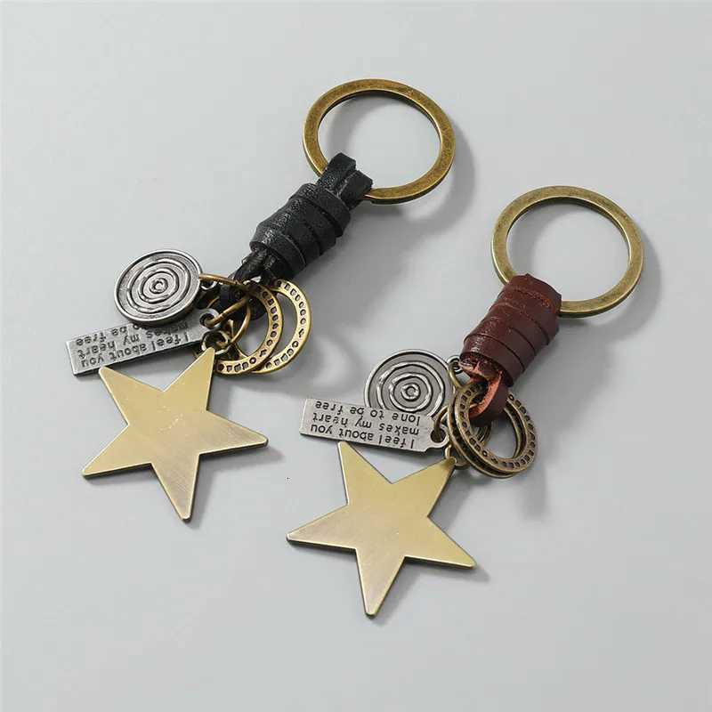 LETAPI Black Brown Leather Keychain for Men Punk Vintage Metal Star Pendant Car Key Accessories Jewelry Gifts W251021