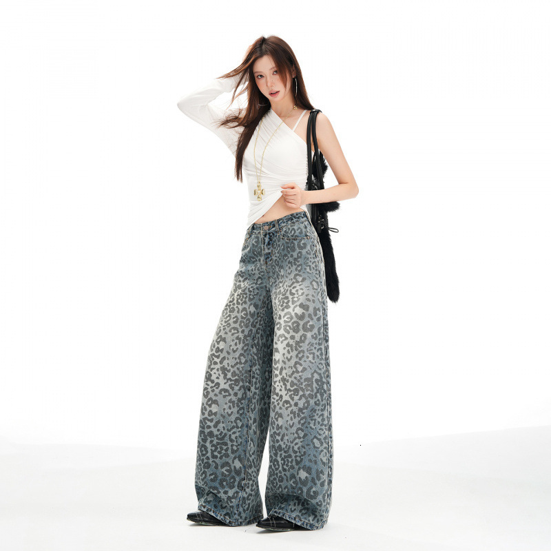 2025 designer pants American retro blue leopard print wide leg jeans autumn and winter new luxury pants women's digital printed new slim straight