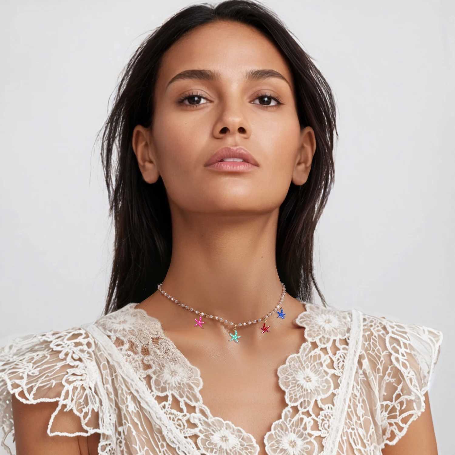 Colorful Starfish Pendant Pearl Necklace for Women Summer Beach Coastal Boho Hypoallergenic Stainless Steel Jewelry Gift XJ250717