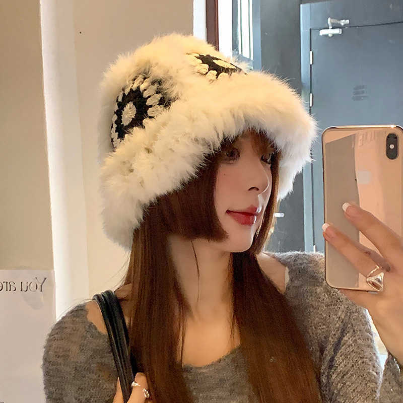 Rabbit Fur Lion Dance National Trend Knitted Hat for Women Cute Plush Fisherman Hat Fluffy Knitted Tiger Head Hat for Autumn and Winter H251020