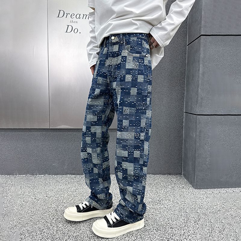 Men's 2025 Autumn & Winter European Luxury Style Blue Plaid Patchwork Straight Loose Casual Jeans, High-End Versatile Denim Pants-QT11