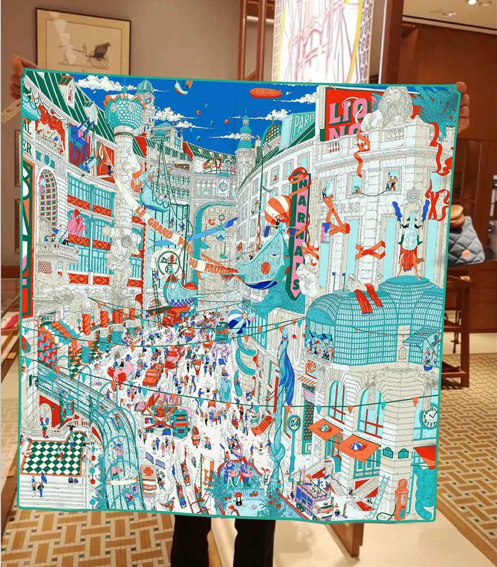 90CM Casual Fashion Twill Silk Scarf for Women City of Paris Print Wraps Headband Shawl Stoles Hijab Lady Square Foulard Bandana W251021