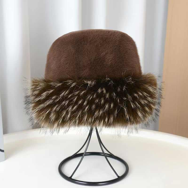 New Flat Top Hat Plush Hat Autumn Winter Thickened Warm Faux Mink Raccoon Fur Colorful Fur Tip H251020