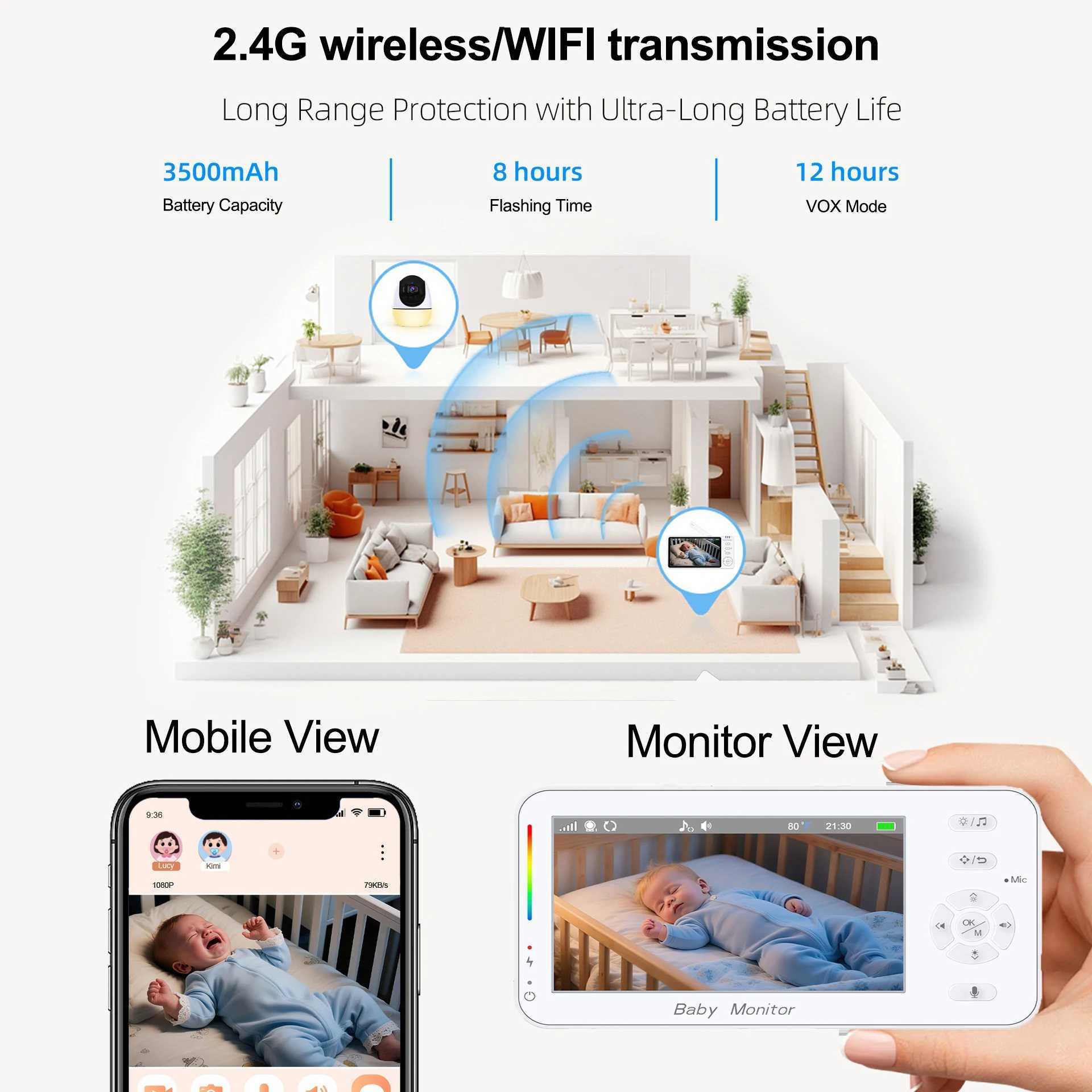 43Inch Baby Video Monitor with 4x Zoom Camera MotionSound Detection Soft Night Light Dual Control APP Wireless Monitor J251121