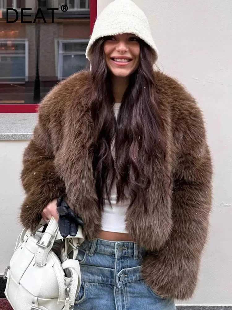 DEAT Fashion Brown Faux Fur Coat Womens Round Neck Loose Long Sleeves Plush Thick Short Jacket Winter New 7A1421 Y251105