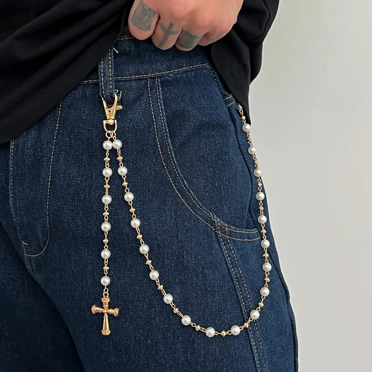 Ingemark Creative Cross Pendant Pearl Keychain Wallet Belt Chain for Men Women Trousers Hipster Jeans Chain Jewelry 251021