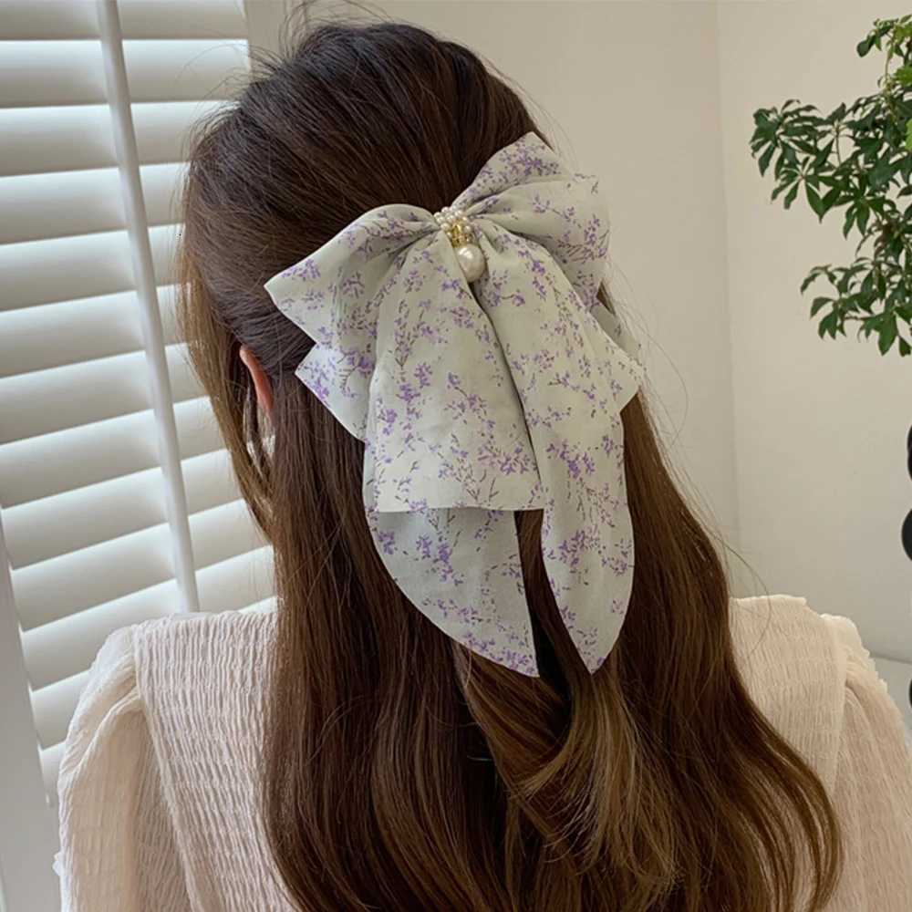 Ladies Bow Hair Accessories Fashion Hairgrip Chiffon Ribbon Hairpins Spring Ponytail Barrettes Pearls Women Girls Hair Clips TieW254021