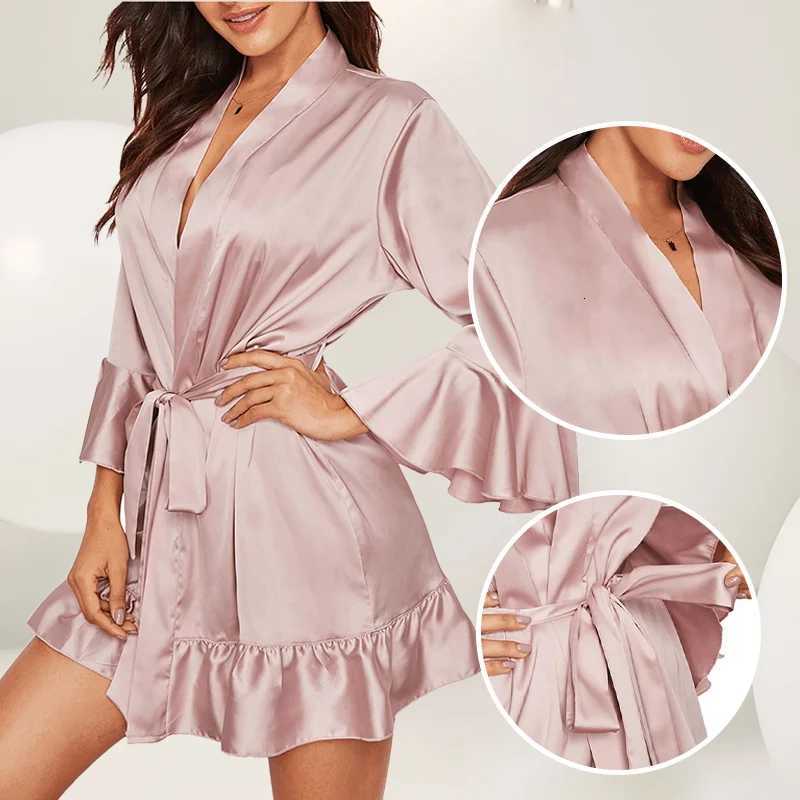 Womens Satin Nightgown Imitation Silk Solid Color Lotus Leaf Edge Cuff Belt Mini Skirt Womens Casual Nightgown Y251104